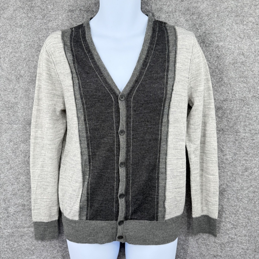J.Ferrar Mens V-Neck Button-Front Merino Wool Blend Cardigan Sweater Large Gray‎